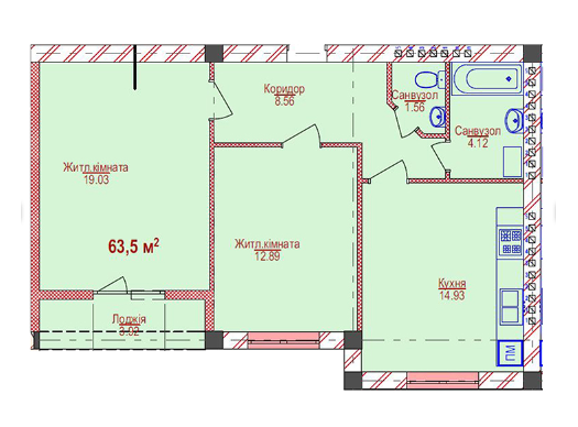 2-комнатная 63.5 м² в ЖК Парковый от 14 750 грн/м², Ужгород