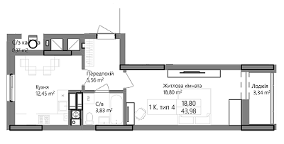 1-комнатная 43.98 м² в ЖК Pionerskiy от 17 600 грн/м², г. Вишневое