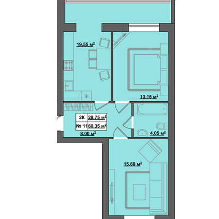 2-комнатная 60.35 м² в ЖК Пражский квартал от застройщика, с. Петропавловская Борщаговка