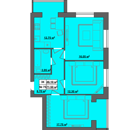 3-комнатная 71.5 м² в ЖК Пражский квартал от застройщика, с. Петропавловская Борщаговка