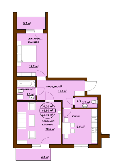 2-комнатная 69.1 м² в ЖК Садовый от застройщика, г. Буча