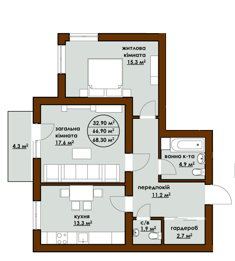 2-комнатная 68.3 м² в ЖК Садовый от застройщика, г. Буча