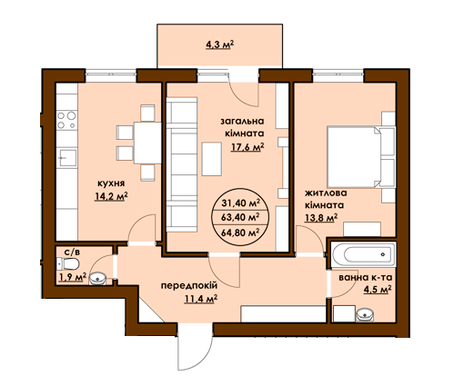 2-комнатная 64.8 м² в ЖК Садовый от застройщика, г. Буча