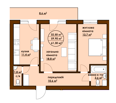 2-комнатная 61.3 м² в ЖК Садовый от застройщика, г. Буча