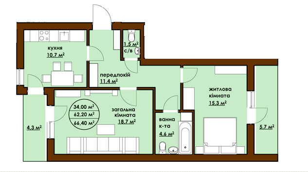 2-комнатная 66.4 м² в ЖК Садовый от застройщика, г. Буча