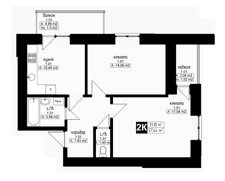 2-кімнатна 57.44 м² в ЖК Українка від забудовника, м. Українка