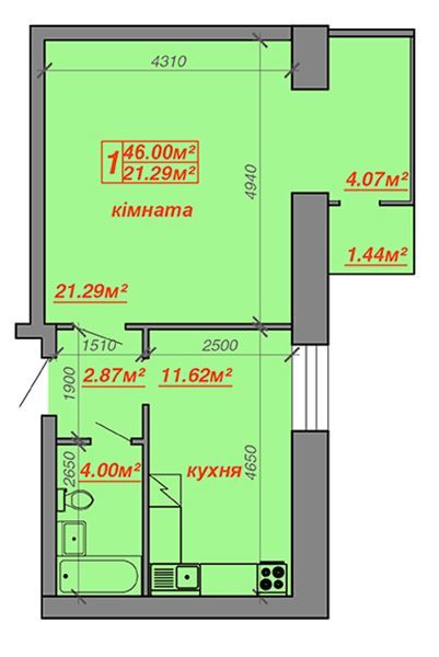 1-комнатная 46 м² в ЖК Затишний двір от застройщика, Луцк