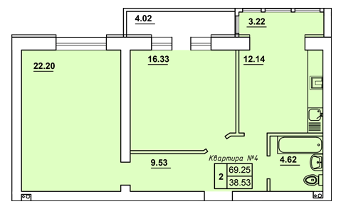 2-комнатная 69.25 м² в ЖК Almond Apartments от застройщика, с. Гатное