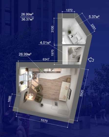 1-кімнатна 36.37 м² в ЖК Атмосфера від 27 950 грн/м², м. Вишневе