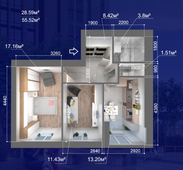 2-комнатная 55.52 м² в ЖК Атмосфера от 14 300 грн/м², г. Вишневое