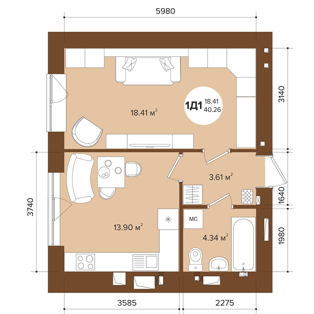 1-кімнатна 40.26 м² в ЖК Фаворит Premium від 26 050 грн/м², м. Ірпінь