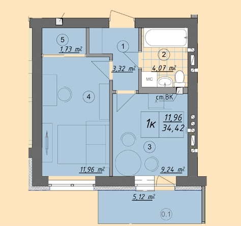 1-комнатная 34.42 м² в ЖК Власна квартира от 32 500 грн/м², Киев