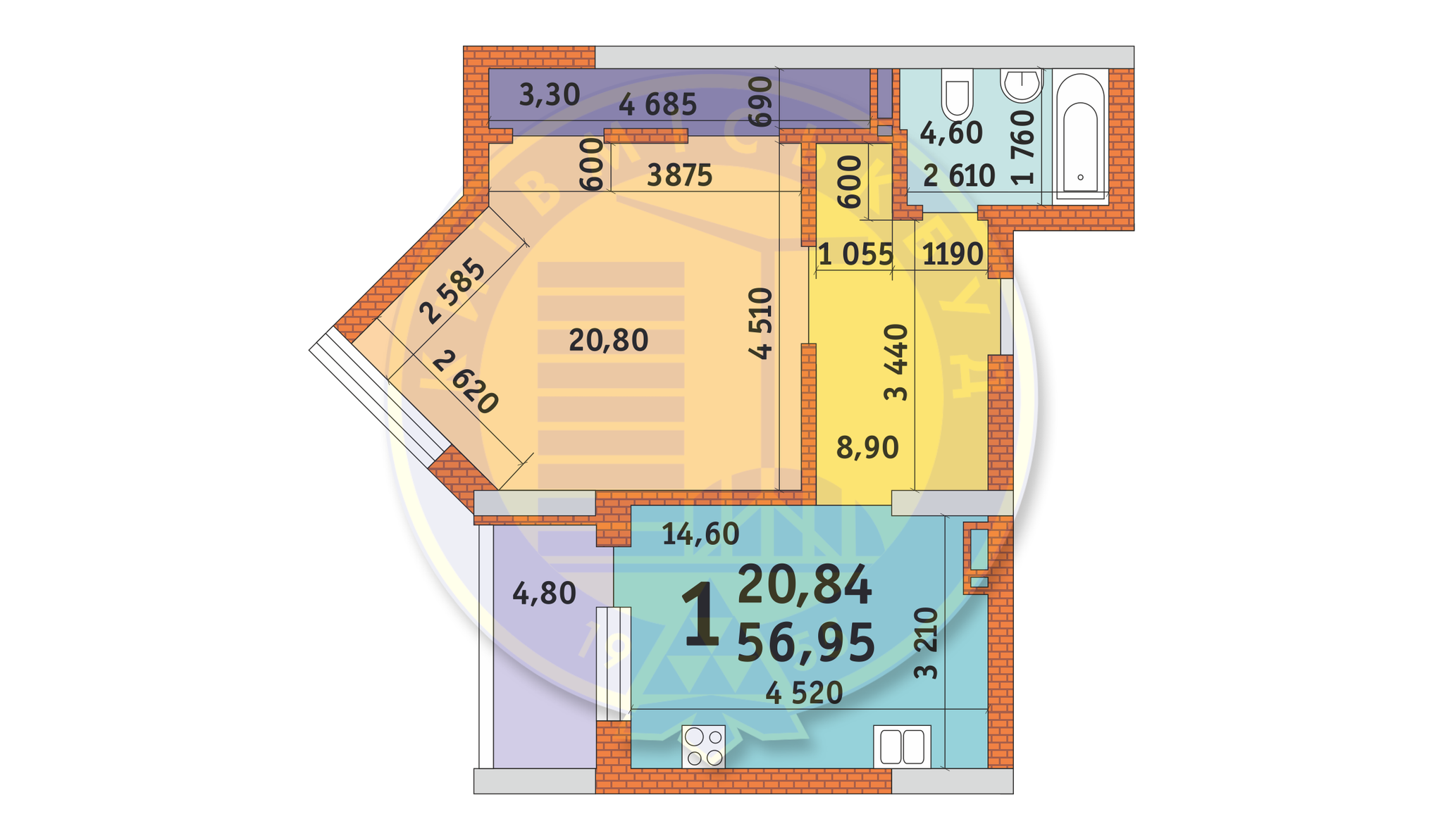 1-кімнатна 56.95 м² в ЖК Лейпцизька від 53 672 грн/м², Київ