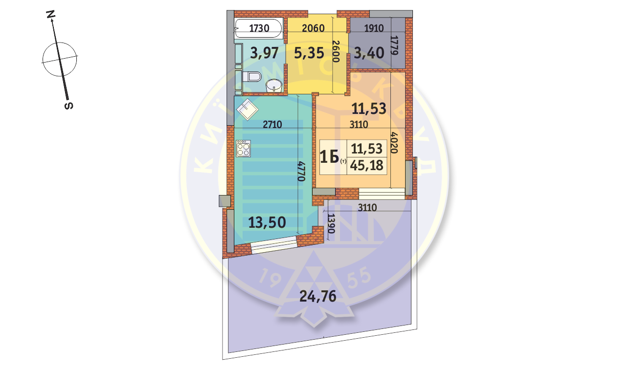 1-комнатная 45.18 м² в ЖК Итальянский квартал от 22 650 грн/м², Киев