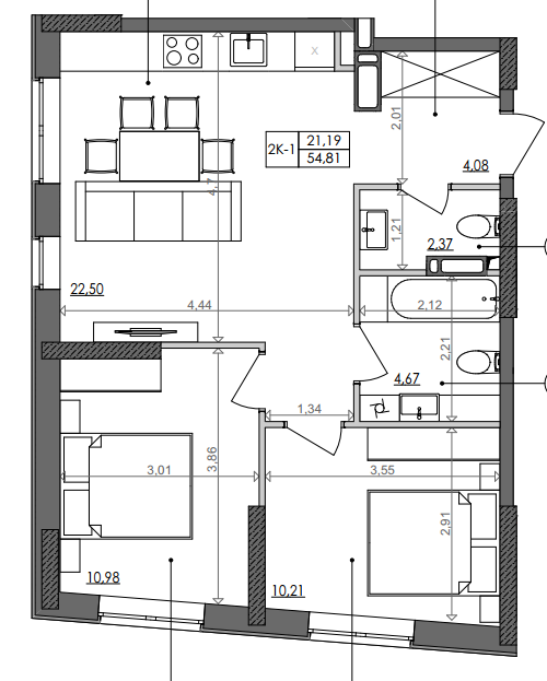 2-кімнатна 54.81 м² в ЖК Svitlo Park від 19 462 грн/м², Київ