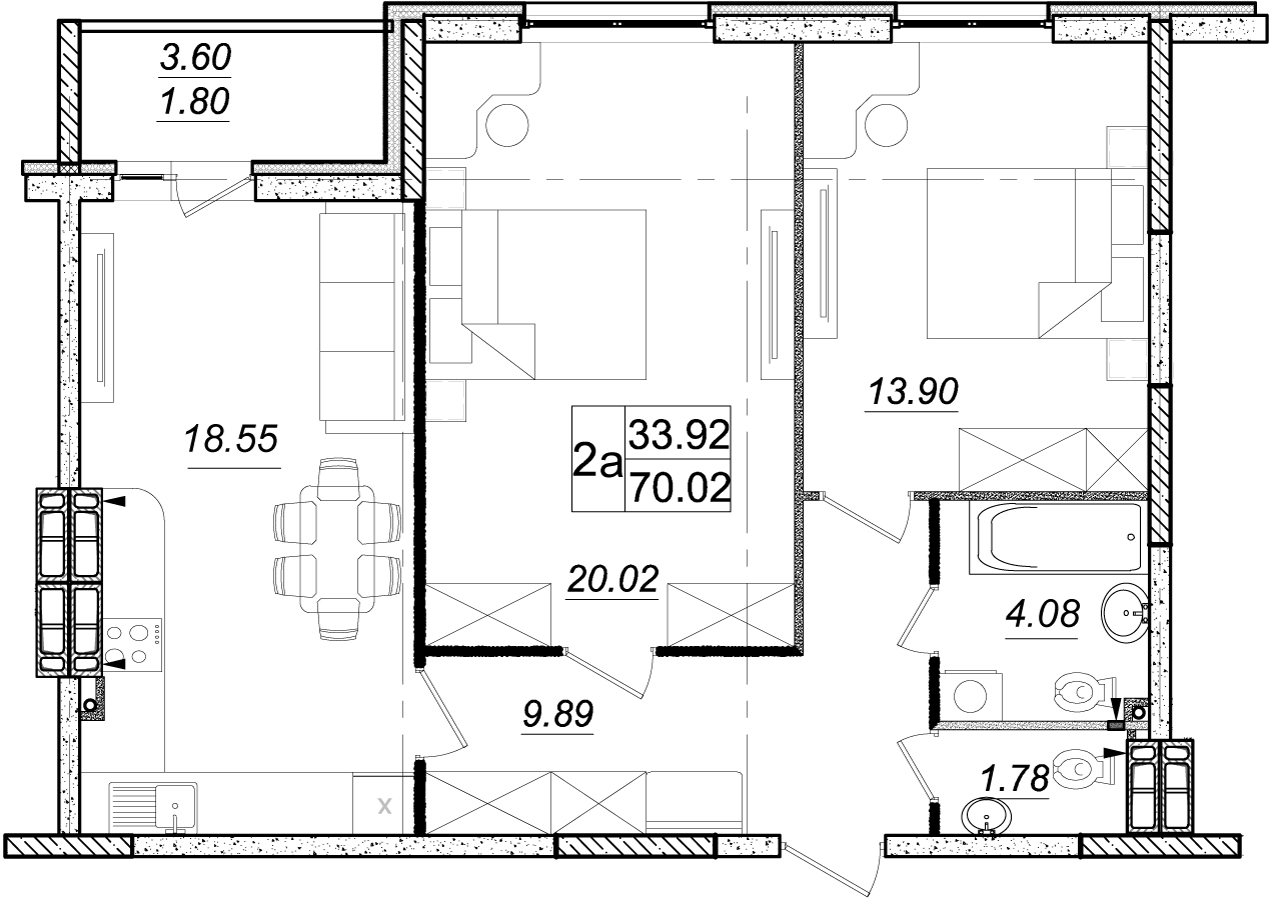 2-комнатная 70.02 м² в ЖК Одесский бульвар от застройщика, с. Новоселки