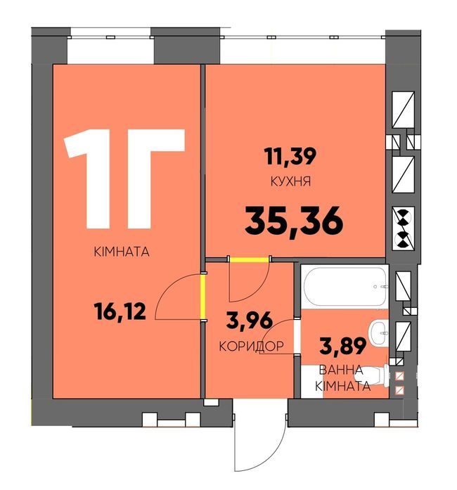 1-кімнатна 35.36 м² в ЖК Continent Ray від 25 200 грн/м², м. Буча