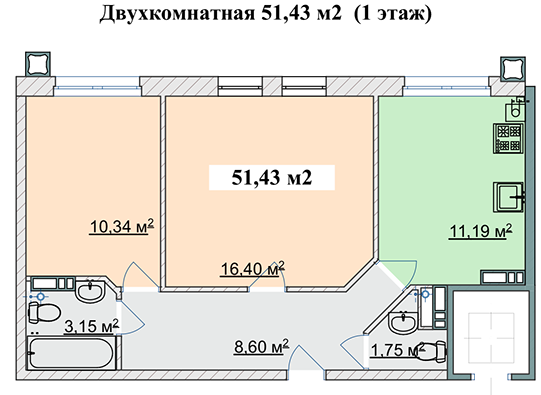 2-комнатная 51.43 м² в ЖК Ягода от застройщика, пгт Гостомель