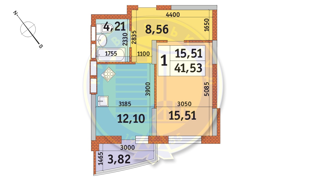 1-комнатная 41.53 м² в ЖК Медовый от 21 855 грн/м², Киев