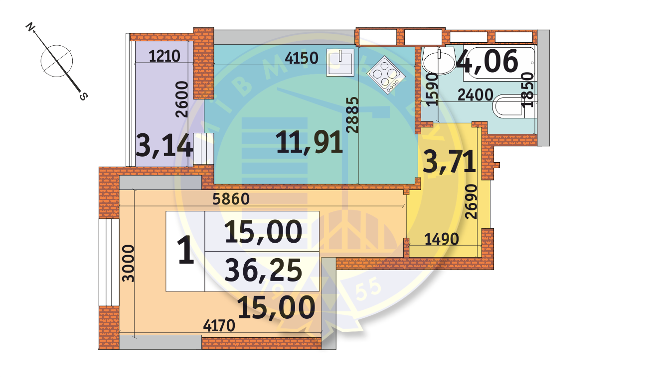 1-комнатная 36.25 м² в ЖК Медовый от 22 932 грн/м², Киев