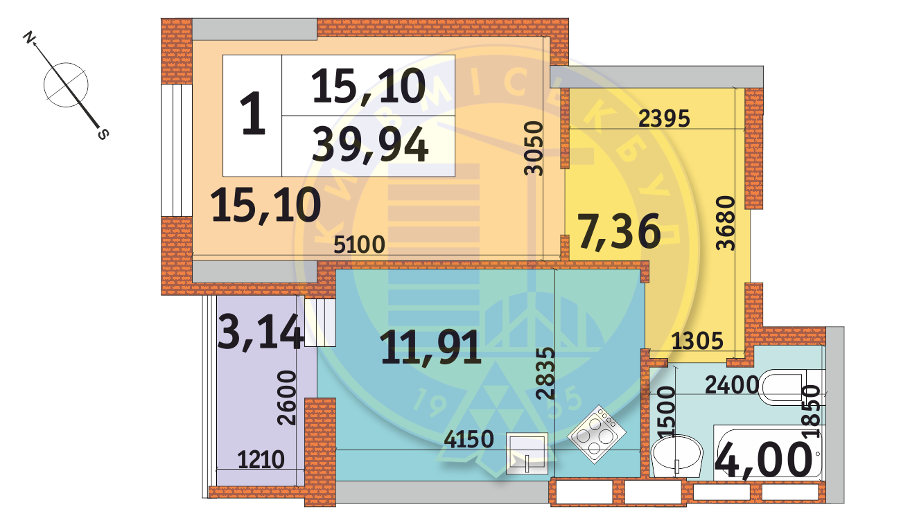 1-комнатная 39.94 м² в ЖК Медовый от 22 932 грн/м², Киев