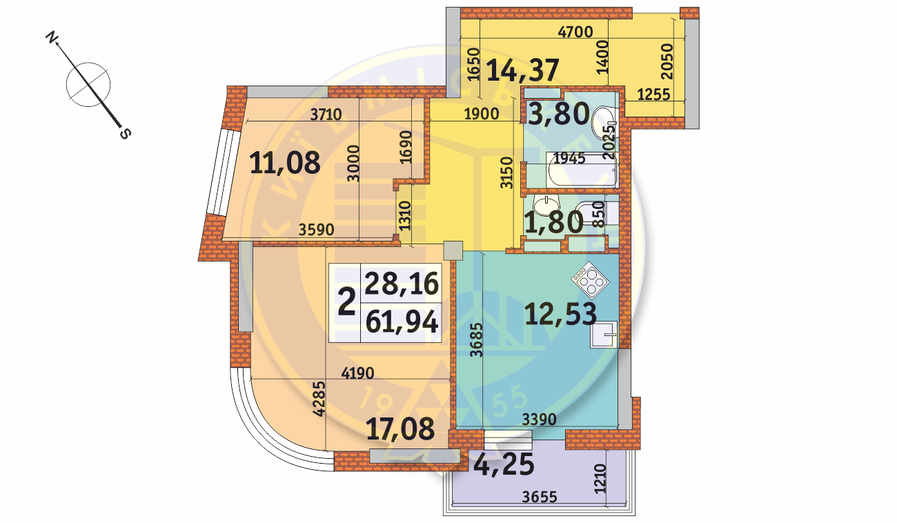 2-комнатная 61.94 м² в ЖК Медовый от 22 167 грн/м², Киев