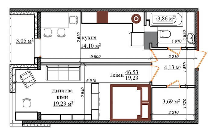 1-кімнатна 46.53 м² в ЖК Грюнвальд від 19 800 грн/м², Київ