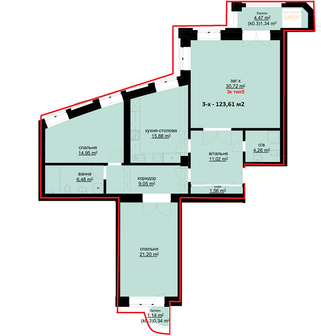 3-кімнатна 123.61 м² в ЖК Набережний від 25 000 грн/м², м. Біла Церква