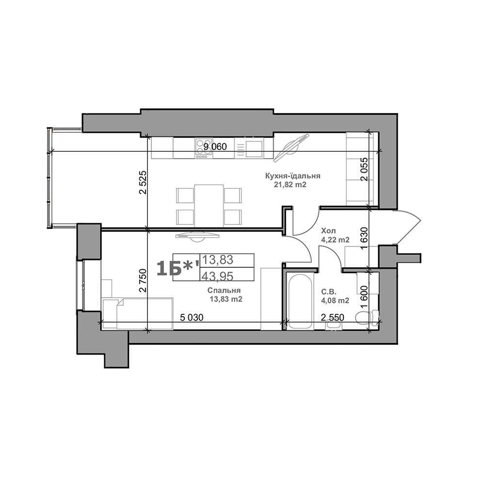 1-кімнатна 43.95 м² в ЖК Рідний від 13 800 грн/м², с. Гатне