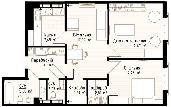 2-комнатная 77.43 м² в ЖК Новая Англия от 24 850 грн/м², Киев