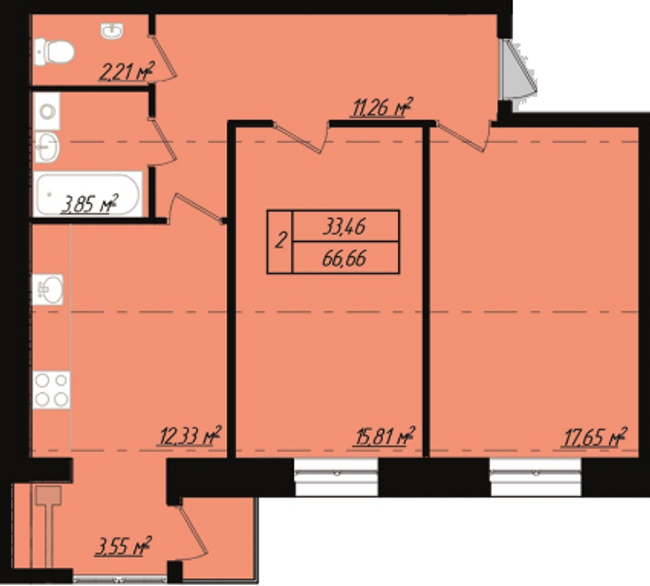 2-комнатная 66.66 м² в ЖК Триумф Софиевский от застройщика, с. Счастливое