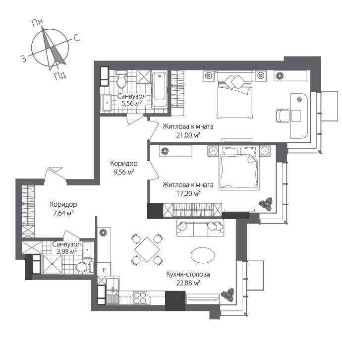 2-комнатная 87.82 м² в ЖК RiverStone от 44 720 грн/м², Киев