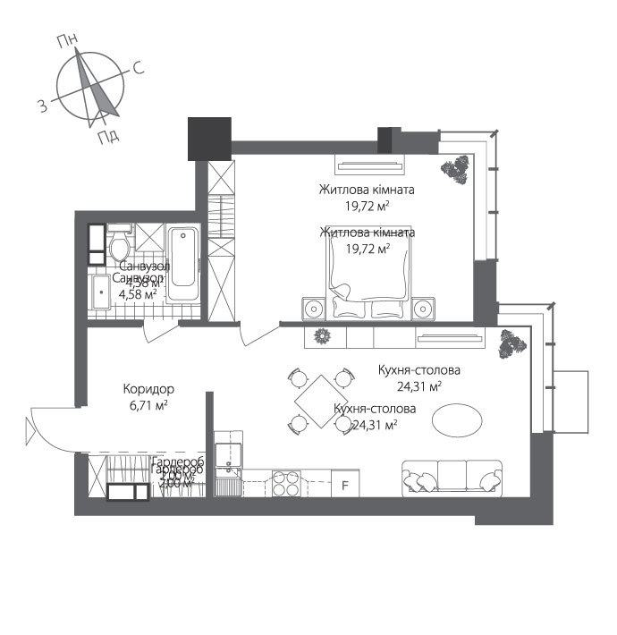 1-кімнатна 57.32 м² в ЖК RiverStone від 44 900 грн/м², Київ