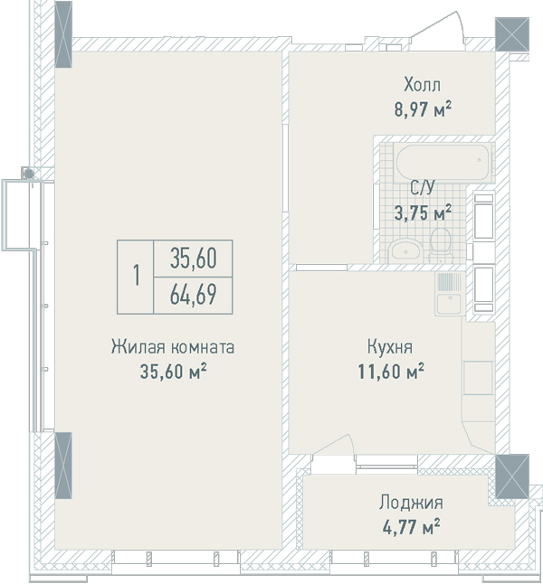 1-комнатная 64.69 м² в ЖК Бульвар Фонтанов от 71 280 грн/м², Киев