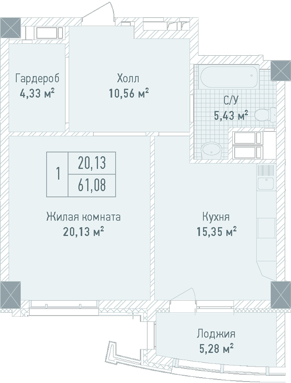 1-комнатная 61.08 м² в ЖК Бульвар Фонтанов от 71 280 грн/м², Киев