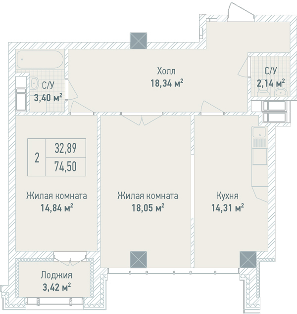 2-комнатная 74.5 м² в ЖК Бульвар Фонтанов от 71 280 грн/м², Киев