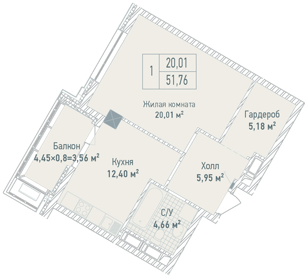 1-комнатная 51.76 м² в ЖК Бульвар Фонтанов от 71 280 грн/м², Киев