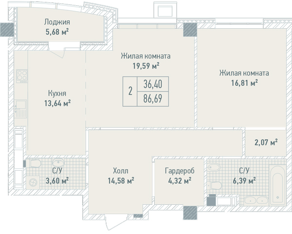 2-комнатная 86.69 м² в ЖК Бульвар Фонтанов от 71 280 грн/м², Киев