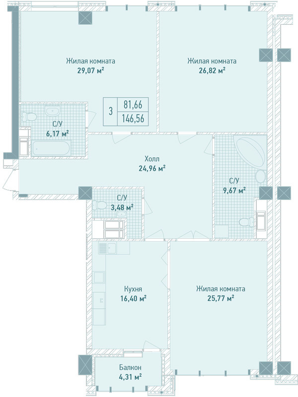 3-комнатная 146.56 м² в ЖК Бульвар Фонтанов от 71 280 грн/м², Киев