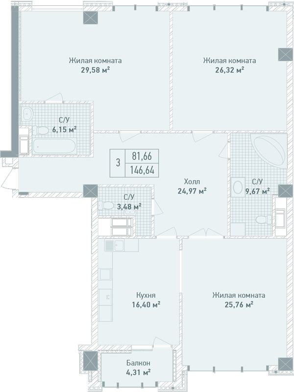 3-комнатная 146.64 м² в ЖК Бульвар Фонтанов от 71 280 грн/м², Киев