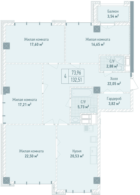 4-комнатная 132.51 м² в ЖК Бульвар Фонтанов от 71 280 грн/м², Киев