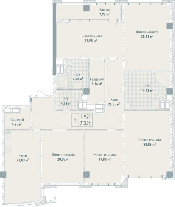 5+ комнат 213.96 м² в ЖК Бульвар Фонтанов от 71 280 грн/м², Киев