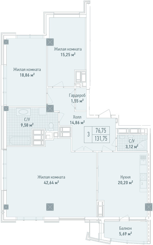 3-комнатная 131.75 м² в ЖК Бульвар Фонтанов от 71 280 грн/м², Киев