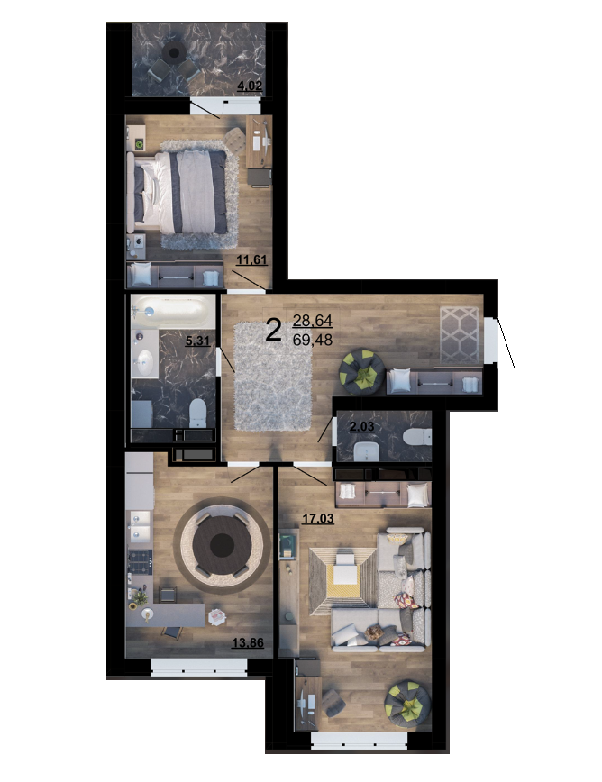 2-комнатная 69.48 м² в ЖК Парковый квартал «Город цветов» от 25 700 грн/м², Киев