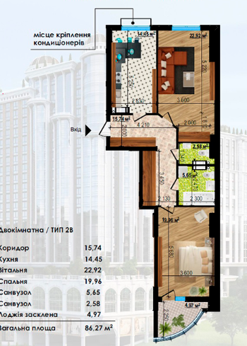 2-кімнатна 86.27 м² в ЖК Podil Plaza & Residence від 43 200 грн/м², Київ