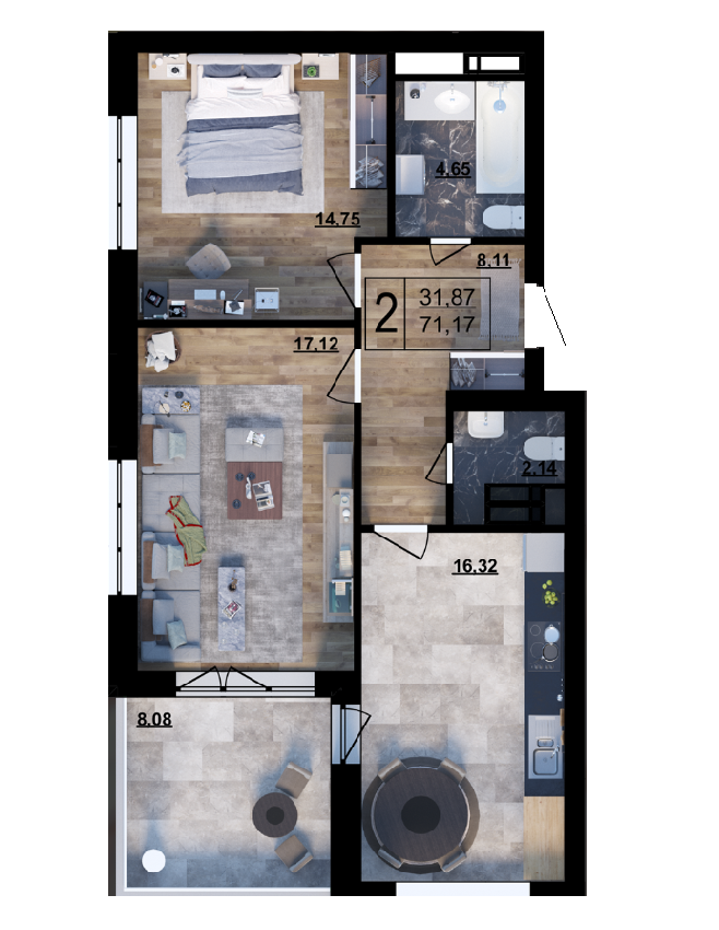 2-комнатная 71.17 м² в ЖК Парковый квартал «Город цветов» от 25 700 грн/м², Киев