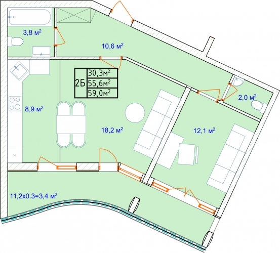 2-кімнатна 59 м² в ЖК Aqua Marine від 18 350 грн/м², Одеса