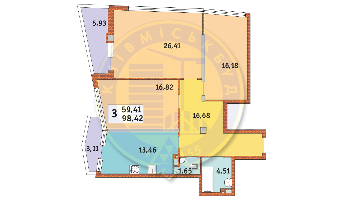 3-кімнатна 98.42 м² в ЖК Costa fontana від забудовника, Одеса