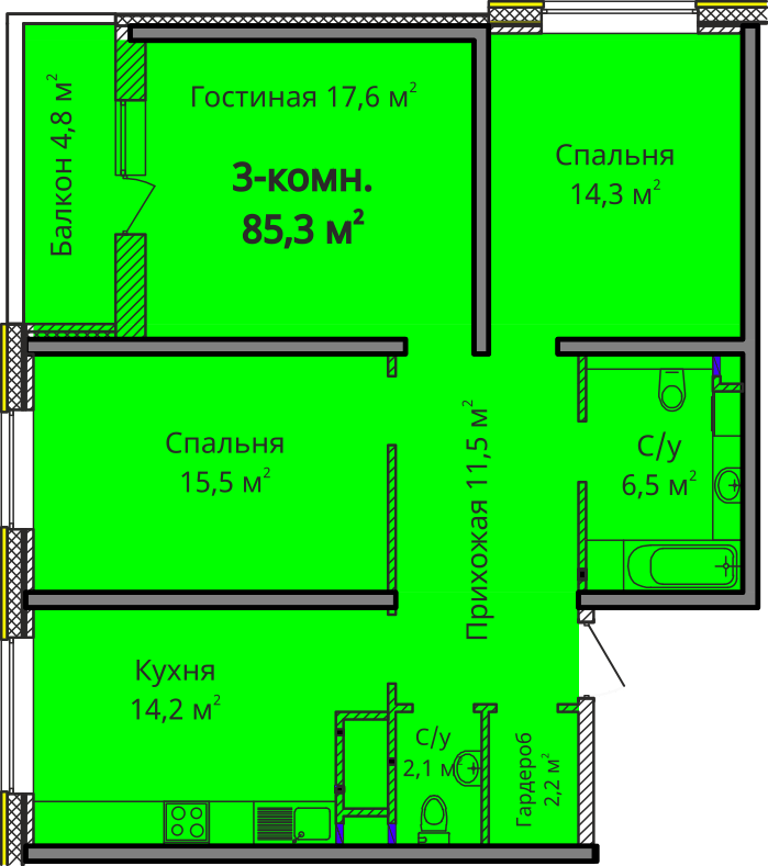 3-кімнатна 85.3 м² в ЖК Альтаїр 3 від 24 200 грн/м², Одеса