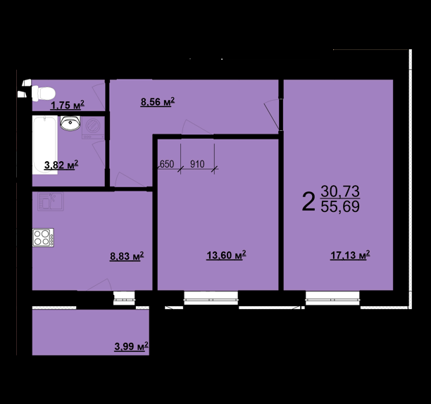 2-комнатная 55.69 м² в ЖК Мира-3 от 9 300 грн/м², Харьков